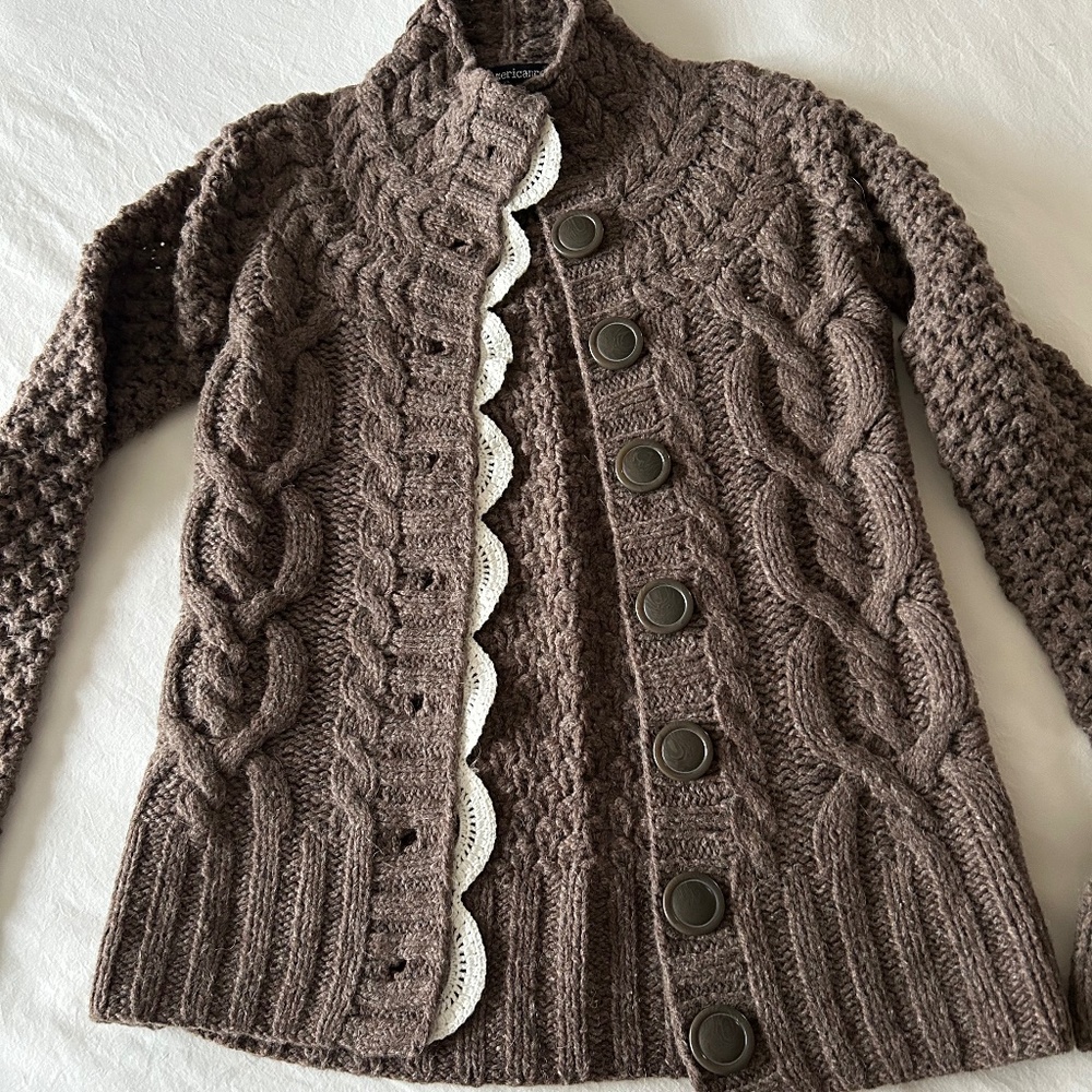 Heather Brown Wool Cable Cardigan with Lace Detail. Size 1: SM